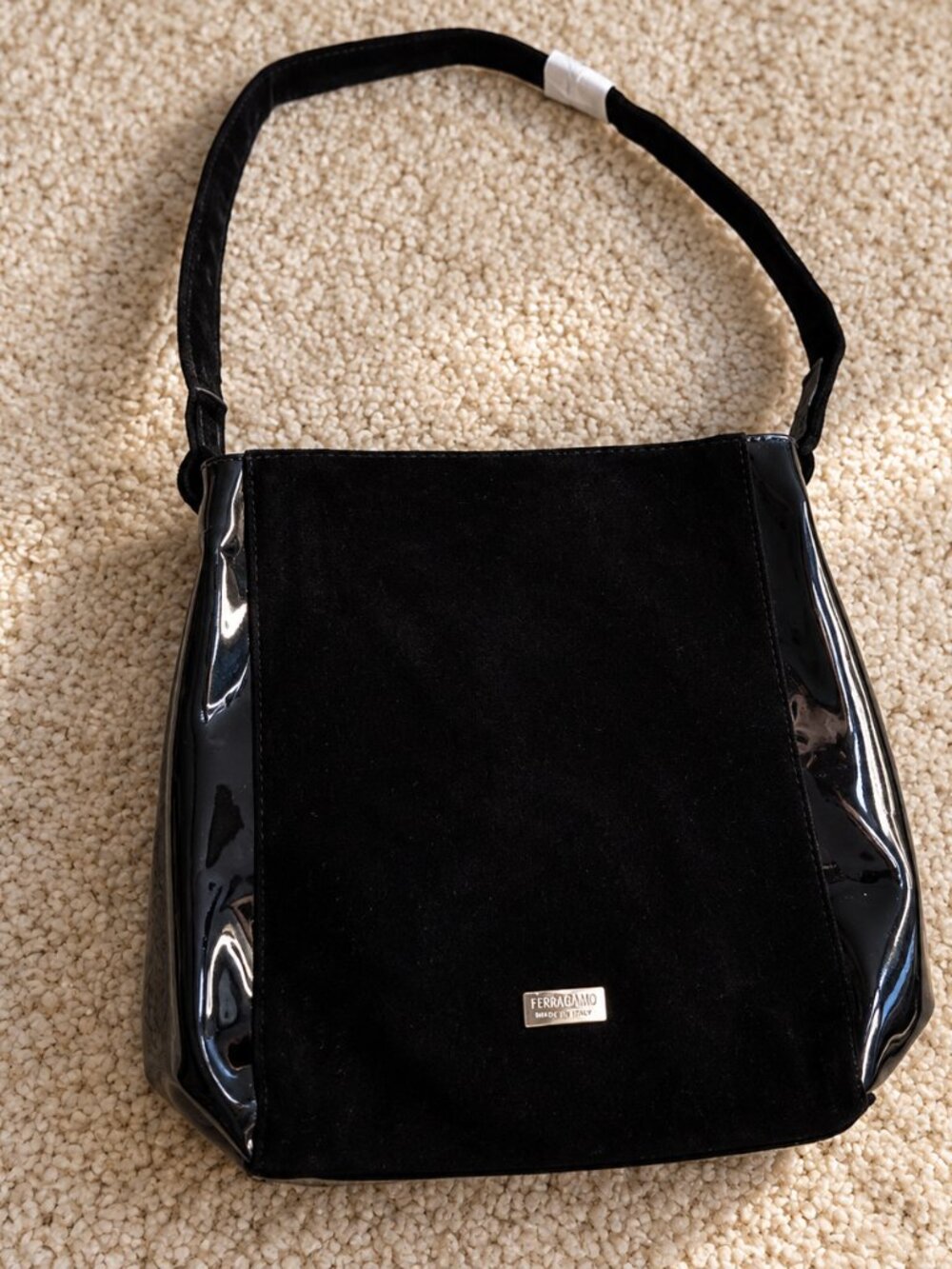 Carolina Herrera Black Velvet & Patent Leather Shoulder Bag